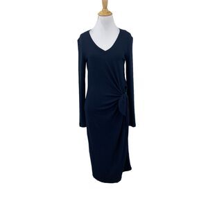 Lucky Brand Midi Dress Womens XS Navy Blue Stretch V Neck Long Sleeve Side Knot